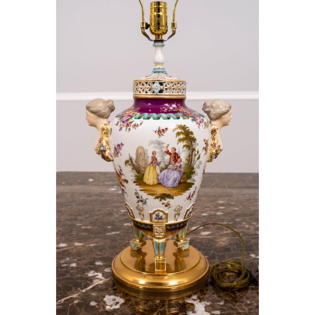 1950s Pair of Dresden Style Urn-Shaped Hand Gilt Porcelain Table Lamps For Sale - Image 17 of 18