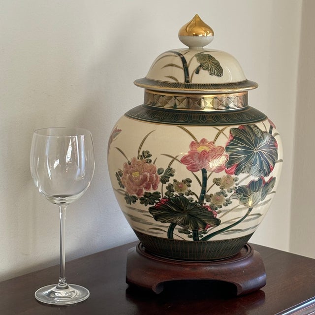 Large Late-20th Century Japanese Satsuma-Inspired Ginger Jar W/ Wooden Stand For Sale - Image 12 of 12