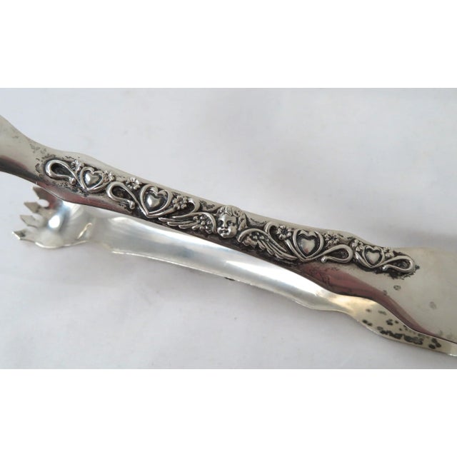 Silver Antique Solid Sterling Silver Ice Tongs With Hearts Winged Angels For Sale - Image 8 of 13