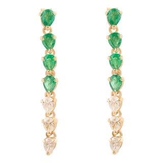 Contemporary Emerald Diamond Wedding Dangle Earrings in 14k Gold- A Pair For Sale