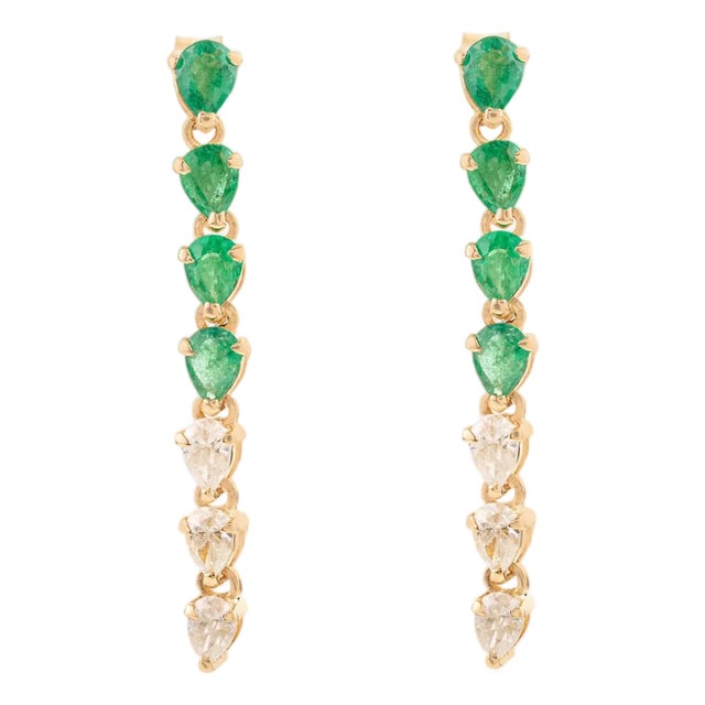 Contemporary Emerald Diamond Wedding Dangle Earrings in 14k Gold- A Pair For Sale