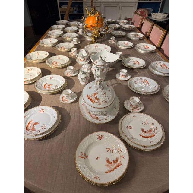 Exceptional 86-piece Richard Ginori “Galli Rossi” porcelain dinner service, handcrafted in Florence, 1960s, in immaculate...