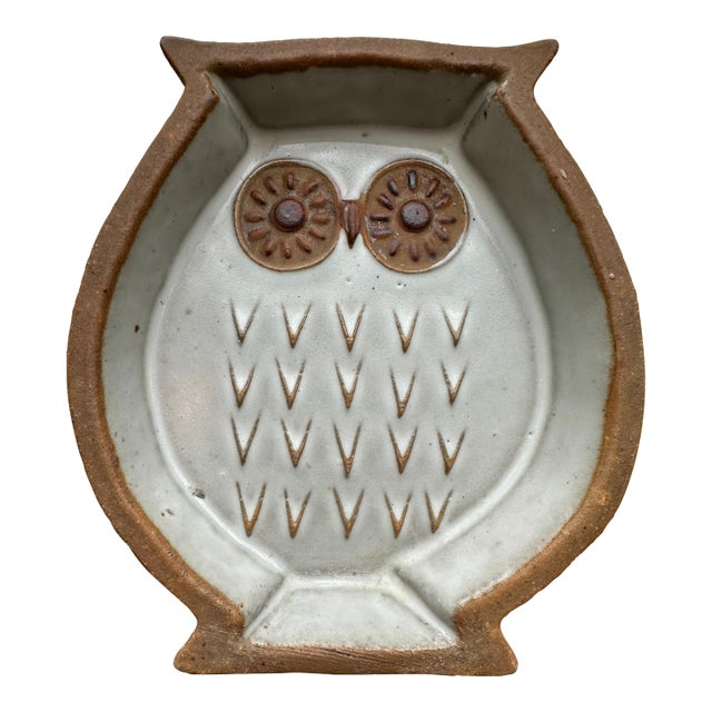 Vintage Mid-Century Owl Trinket Dish - Terracotta With White Glaze For Sale