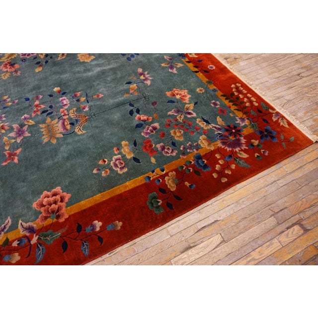 1920s Turquoise Vase Floral Antique Chinese Art Deco Rug 10' 8" X 11' 8" Knotted Wool Carpet For Sale In New York - Image 6 of 15
