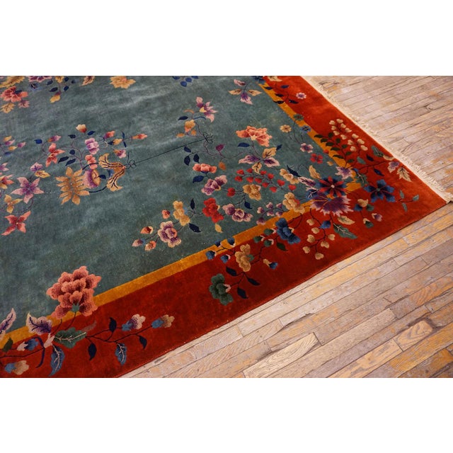 Tranquil and Calming Light Blue Background With Warm Red Field and Magnificent Array of Multicolored Floral Motifs Antique Chinese Art Deco Rug For Sale In New York - Image 6 of 15