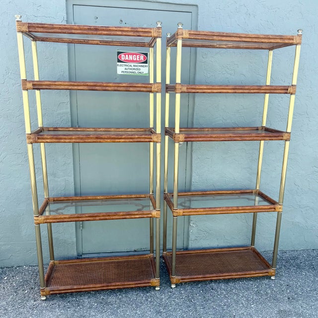 Palm Beach Chic Rattan Cane and Gold Etageres - A Pair For Sale - Image 10 of 10