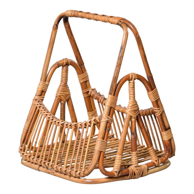 Mid-Century Italian Albini-Style Bamboo Magazine Basket For Sale