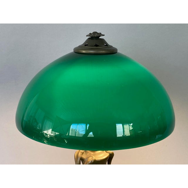 Art Nouveau 1910s Art Nouveau, Organic Design, Lamp With Large Cased Green Glass Shade, Tall and Special! For Sale - Image 3 of 7