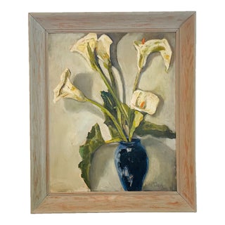 1950s Helen McClain Ojai California Still Life Calla Lily in Blue Pot Oil on Canvas Panel For Sale
