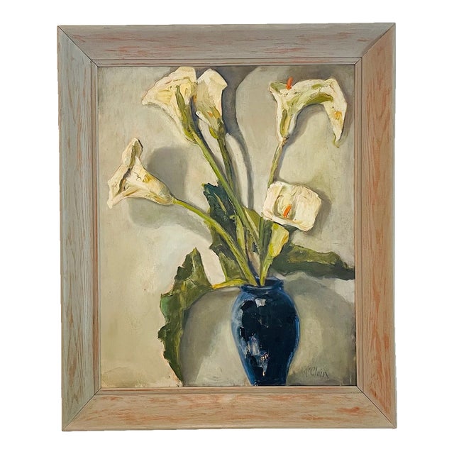 1950s Helen McClain Ojai California Still Life Calla Lily in Blue Pot Oil on Canvas Panel For Sale