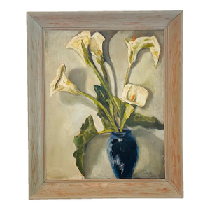 1950s Helen McClain Ojai California Still Life Calla Lily in Blue Pot Oil on Canvas Panel