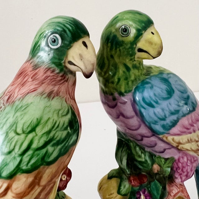 Hollywood Regency Early 20th Century Porcelain Parrot Bird Figurines Continental Meissen-Style — Pair For Sale - Image 3 of 12