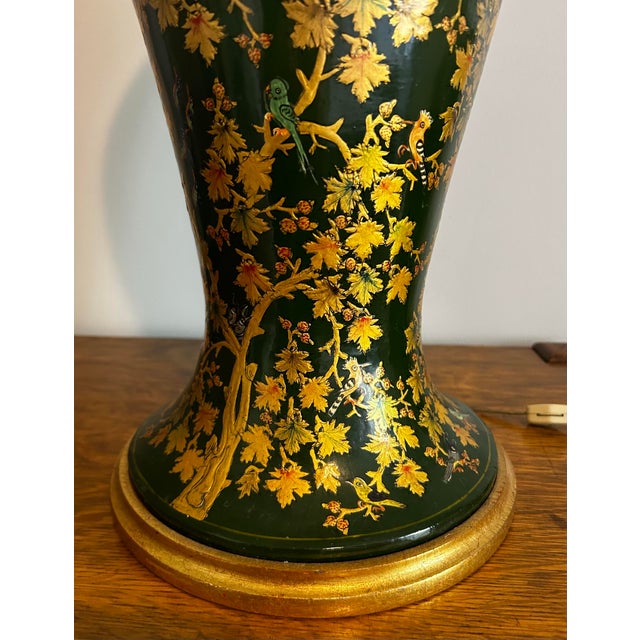 Antique Large Table Lamp Gold Laquored With Handpainted Birds and Leaves For Sale - Image 9 of 12