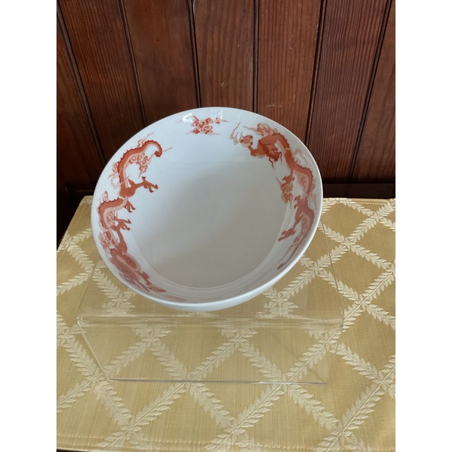 Asian Fukagawa for Tiffany & Co. Dragon Motif 10” Porcelain Oval Vegetable Bowl in Red/White For Sale - Image 3 of 7