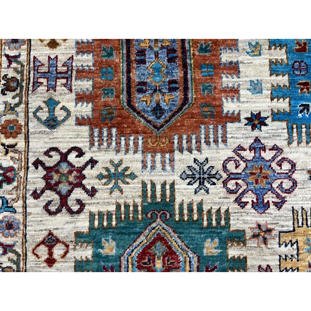 Ivory & Blue Sultani Natural Dye Wool Rug, Tribal Geometric Medallion Design, 6′10″ × 9′10″ For Sale - Image 9 of 14