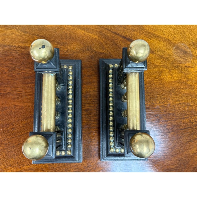 Antique Heavy Casted Iron + Brass Fire Dogs, Pair For Sale - Image 4 of 12