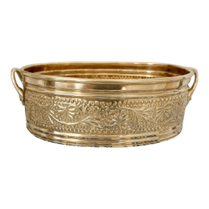 Solid Brass Embossed Oval Bowl or Planter With Handles