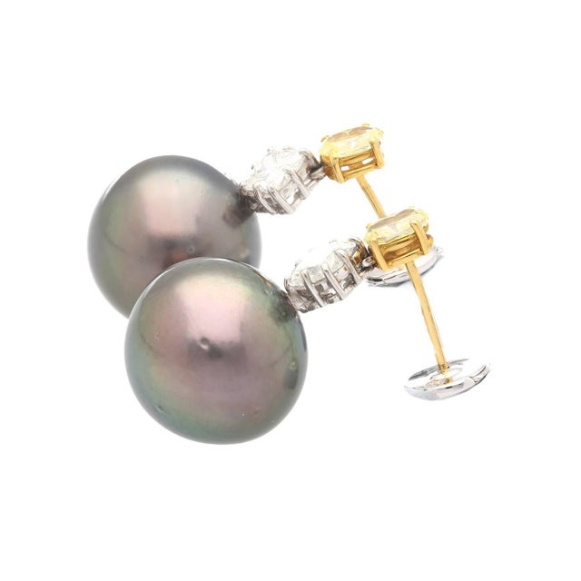 2020s Black Pearl With Fancy Yellow & White Lily Cut Diamond Drop Earrings For Sale - Image 5 of 8