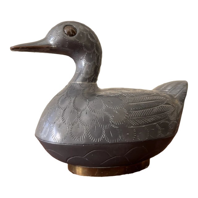 Mid 20th Century Vintage Pewter Engraved Duck Trinket Box For Sale