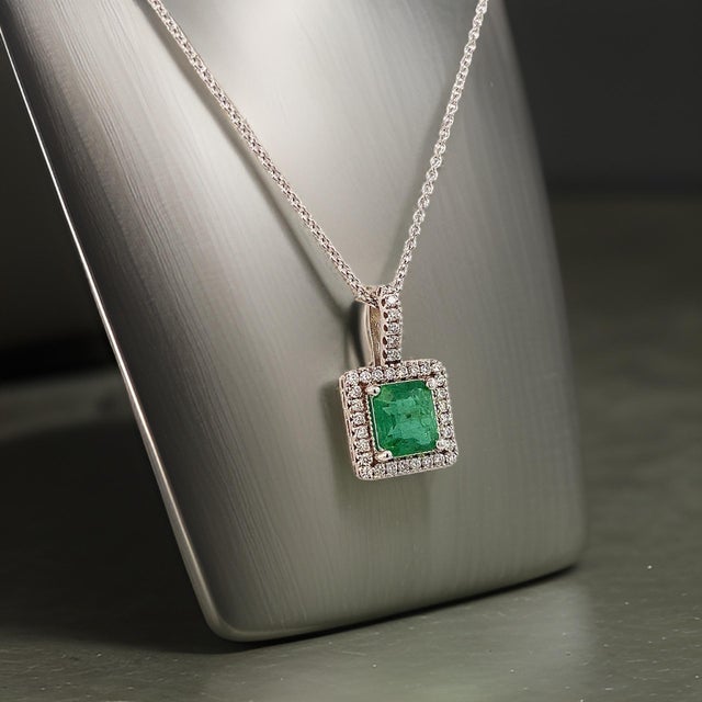 Natural Finely Faceted Quality Emerald and Diamond Pendant Necklace 18" 14k WG 2 TCW Certified $4,950 309026 Made in Italy...