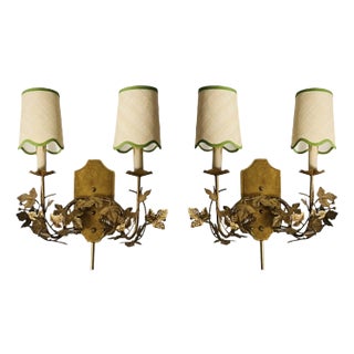 Foliage Floral Tole Wall Sconces With Custom Scalloped Raffia Shades For Sale