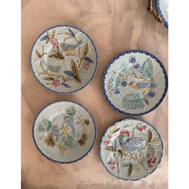 Pottery Barn Blue Majolica Bird Plates Set - Set of 9 For Sale - Image 10 of 12