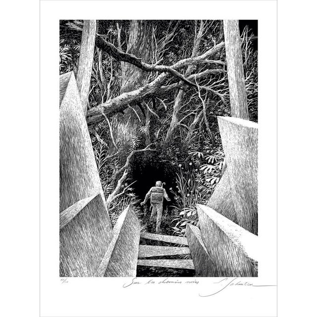 François SCHUITEN, On the Black Paths - Departure, 2026 Print of an engraving made on scratch paper from the book 'Sur les...