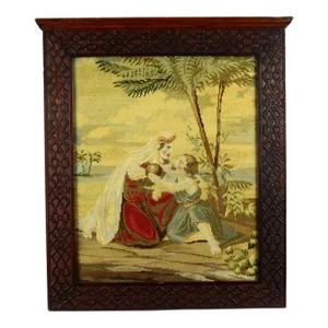 Mid 1800's Needlework Gros & Petit Point, Biblical Scene in Carved Frame