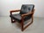 Set of 2 mid-century design komfort solid teak wooden lounge chairs with black leather cushions attributed to sven...