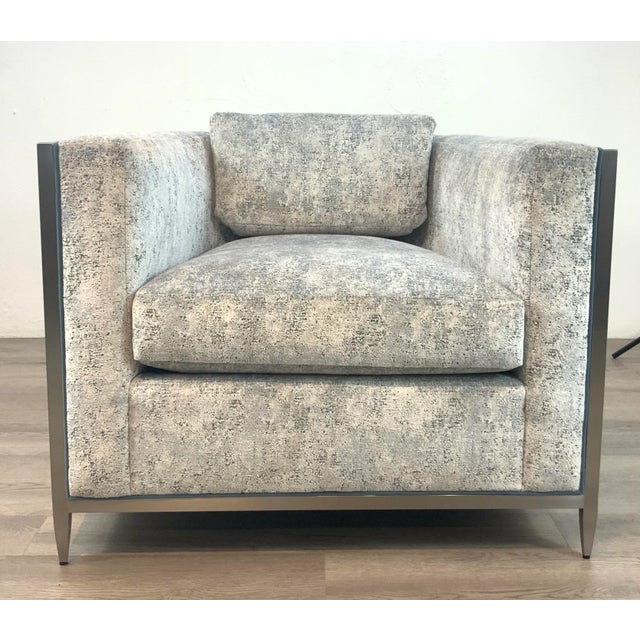 Original Retail $7000 (fabric upgrade), stylish Caracole Couture Modern Ice Breaker Club Chair, stainless steel frame with...