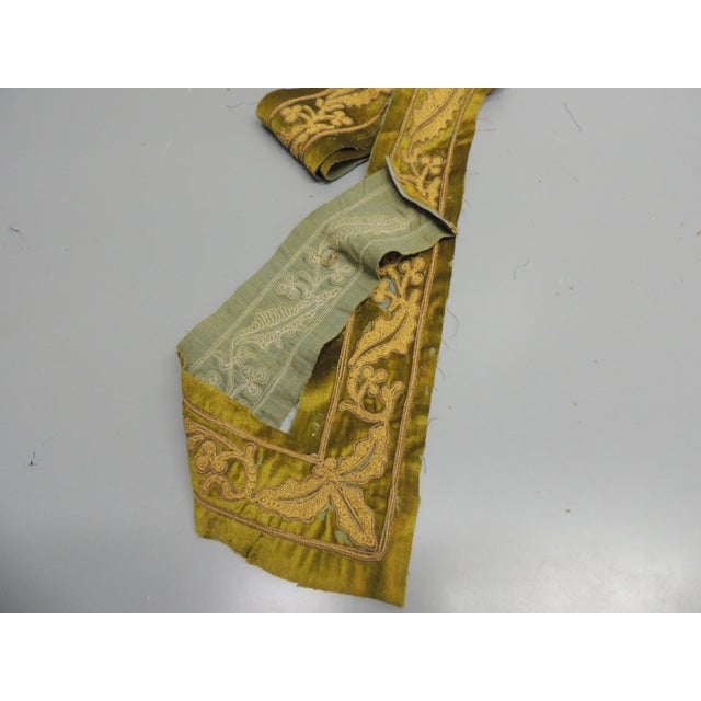 Antique Acid Green and Gold Embroidered Decorative Trim Metallic gold threads, wool and silk velvet. Suzani style...