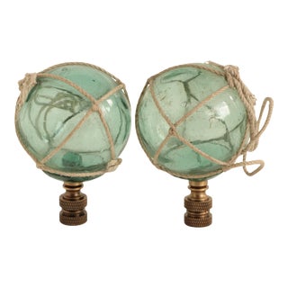 Nautical Netted Aqua Glass Lamp Finials - a Pair For Sale