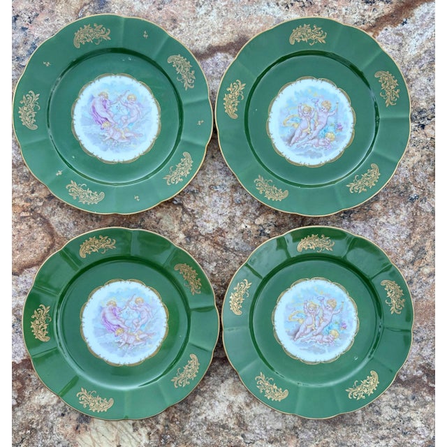 Vintage Set of 8 French Hand Painted Cherubs Gold Gilt Green Porcelain Dinner Plates For Sale - Image 4 of 12