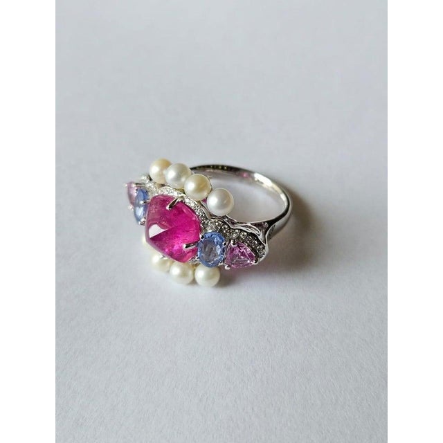 Set in 18k Gold, Tourmaline, Multi Sapphires, Freshwater Pearls & Diamonds Ring, Size 6 For Sale - Image 4 of 10