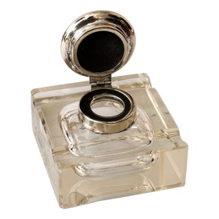 Art Deco Nickel-Plated Inkwell with Cut Glass and Brass, 1920s For Sale