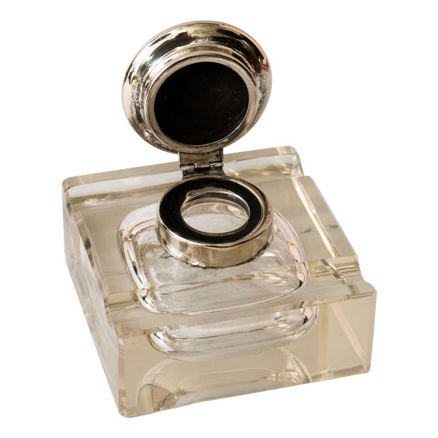 Art Deco Nickel-Plated Inkwell with Cut Glass and Brass, 1920s For Sale