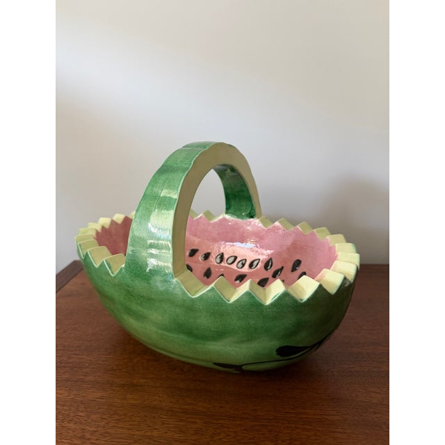 Vintage Ceramic Watermelon Basket Serving Bowl With Handle | Hand-Painted Mid-Century Summer Entertaining Fruit Basket For Sale - Image 6 of 9