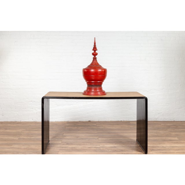 Burmese Vintage Waterfall Console Table With Black Lacquer Frame And Rattan Chairish