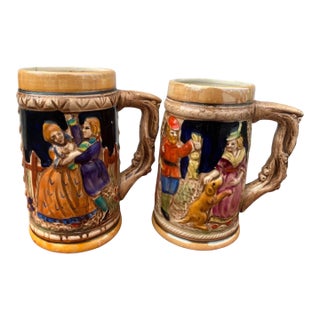 Vintage German Style Beer Stein Pair Lidded Ceramic Hand Painted Folk Scene Mug For Sale