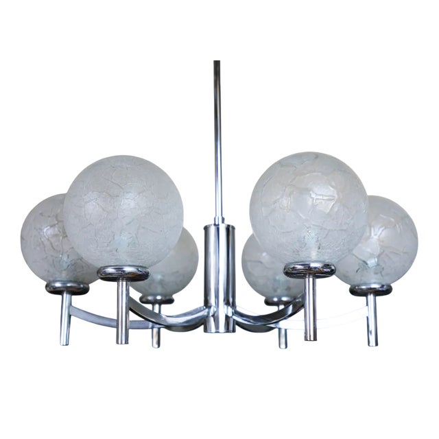 Vintage German Chrome and Glass Chandelier, 1970s For Sale