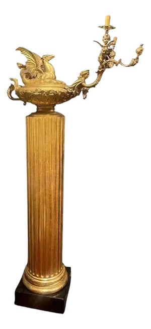 Italian 19th Century Wood Pedestal With Bronze Candelabra of Cherubs and Wyvern