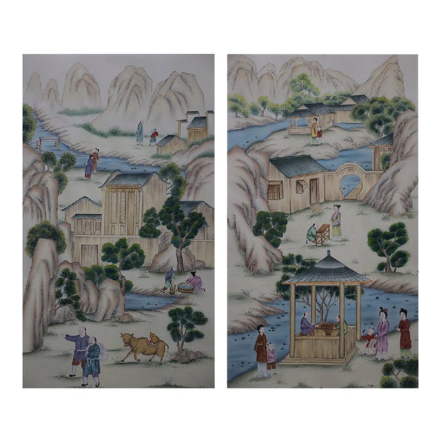 Hand-Painted Chinoiserie Wallpaper Panels - Set of 2 For Sale
