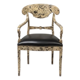 1970s Regency Style Faux Marbleized Painted Arm Desk Chair W/ Black Leather For Sale