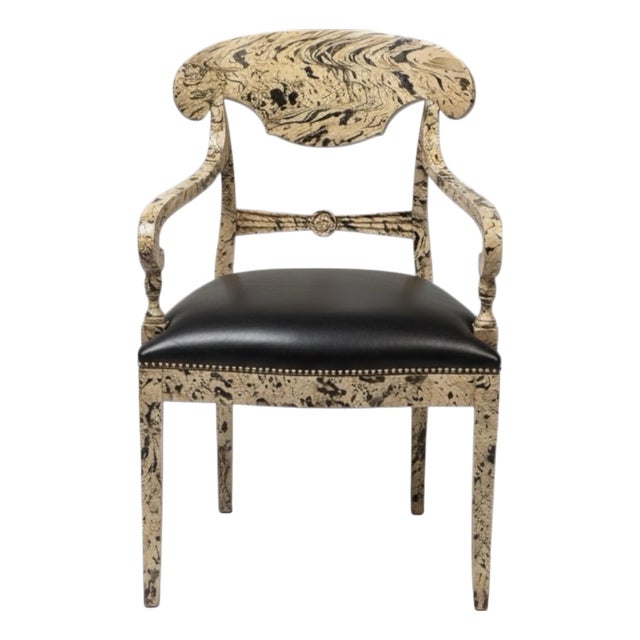 1970s Regency Style Faux Marbleized Painted Arm Desk Chair W/ Black Leather For Sale