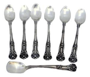Silver Coffee Spoons and Sugar Shovel with Shell-Shaped Handle Reliefs, Set of 6
