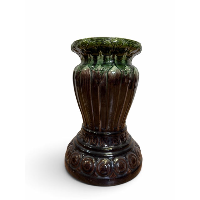 An authentic and highly collectible early 20th-century Art Nouveau majolica pottery pedestal column manufactured by the...