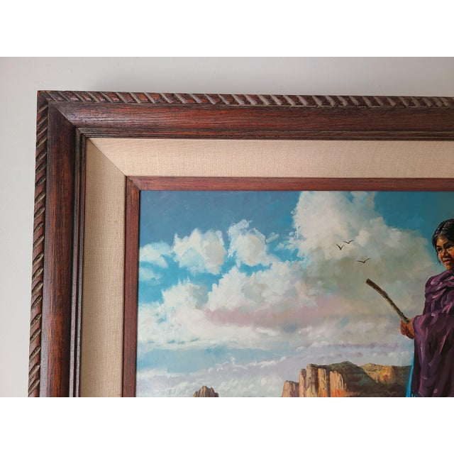 Red 1970s Filastro Mottola Pastoral Oil Painting Native American Navajo Girl Sheep Desert For Sale - Image 8 of 15