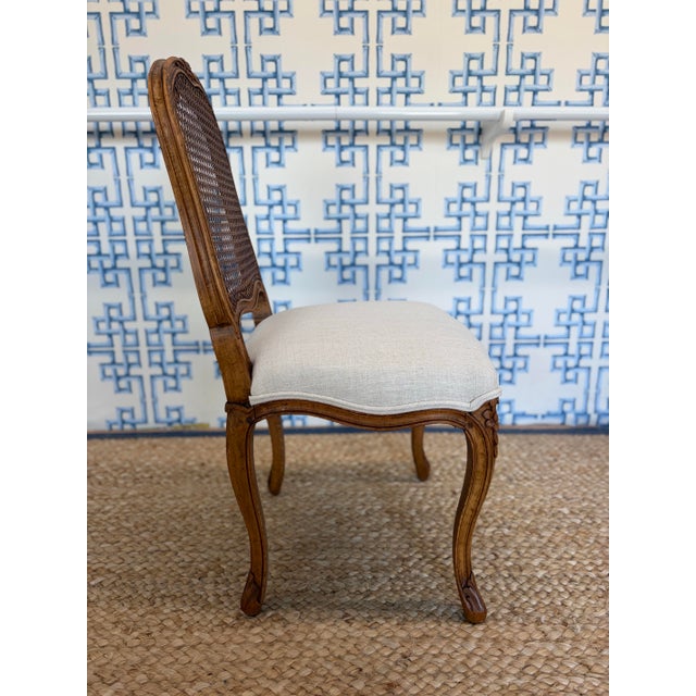 French Provincial Set of Six Carved Wood Cane Back Dining Chairs With Upholstered Seats For Sale - Image 3 of 6