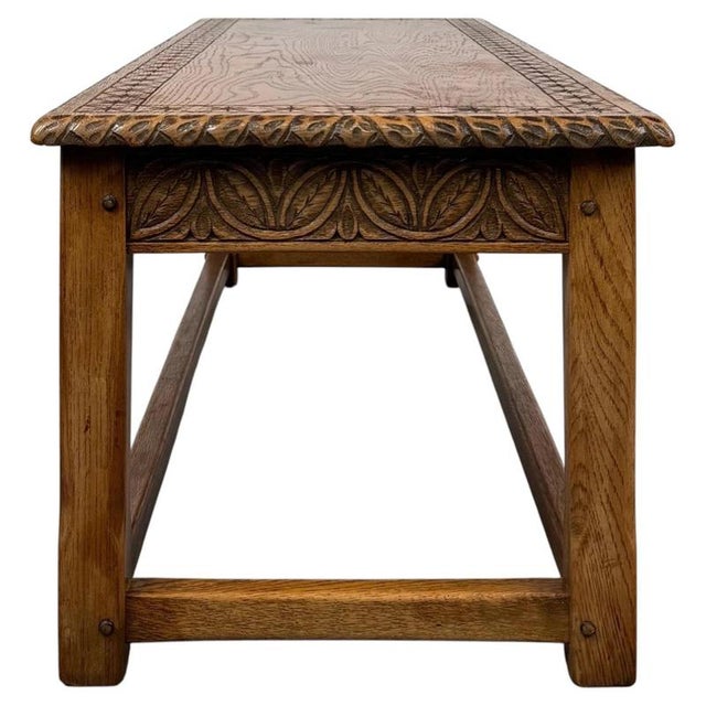 Early 20th Century Antique English Edwardian Carved Golden Oak Coffee Table For Sale - Image 6 of 8