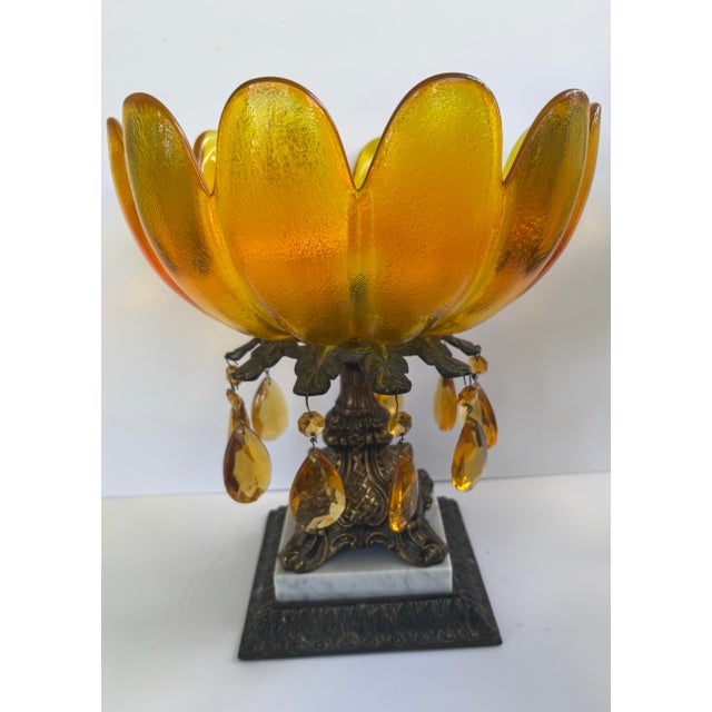 Vintage Hollywood Regency Amber Glass Floral Centerpiece Bowl With Crystal Prisms & Marble Base For Sale - Image 11 of 12
